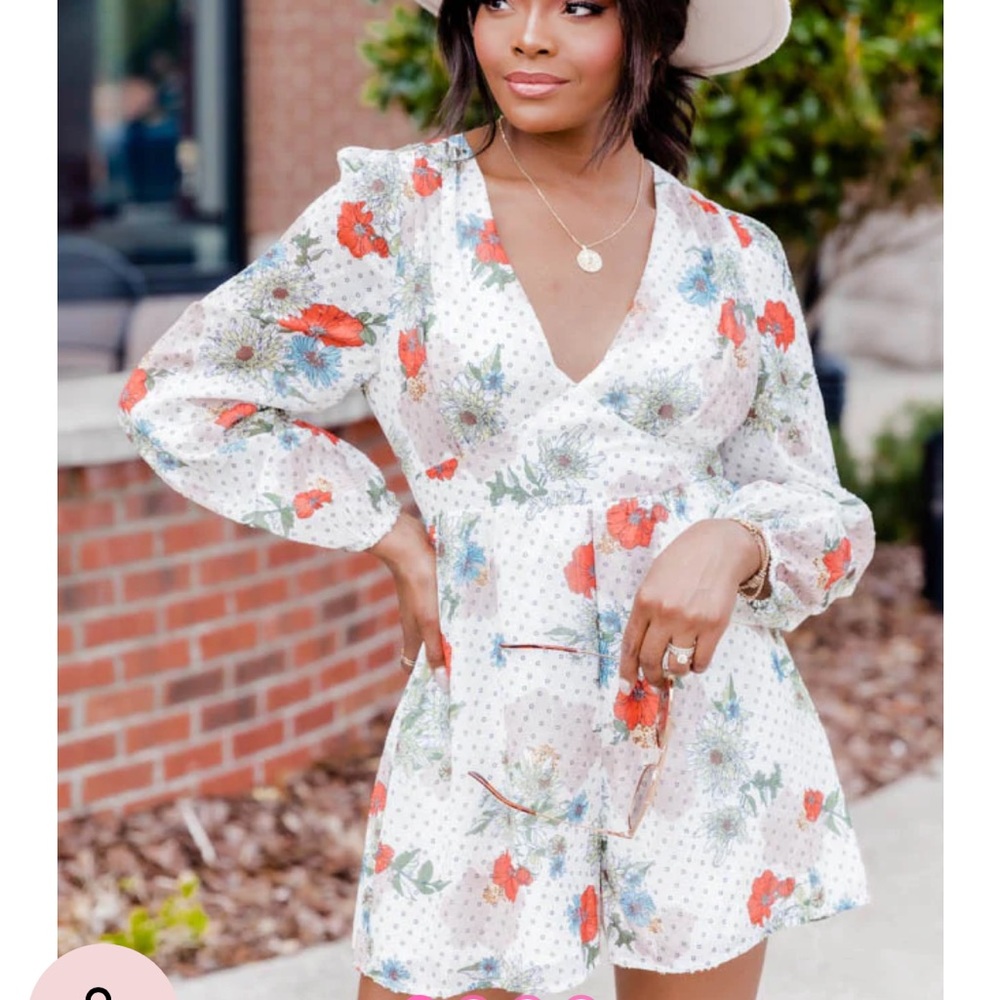 Pink Lily- Keeps Getting Better White Floral V-Neck Long Sleeve Romper